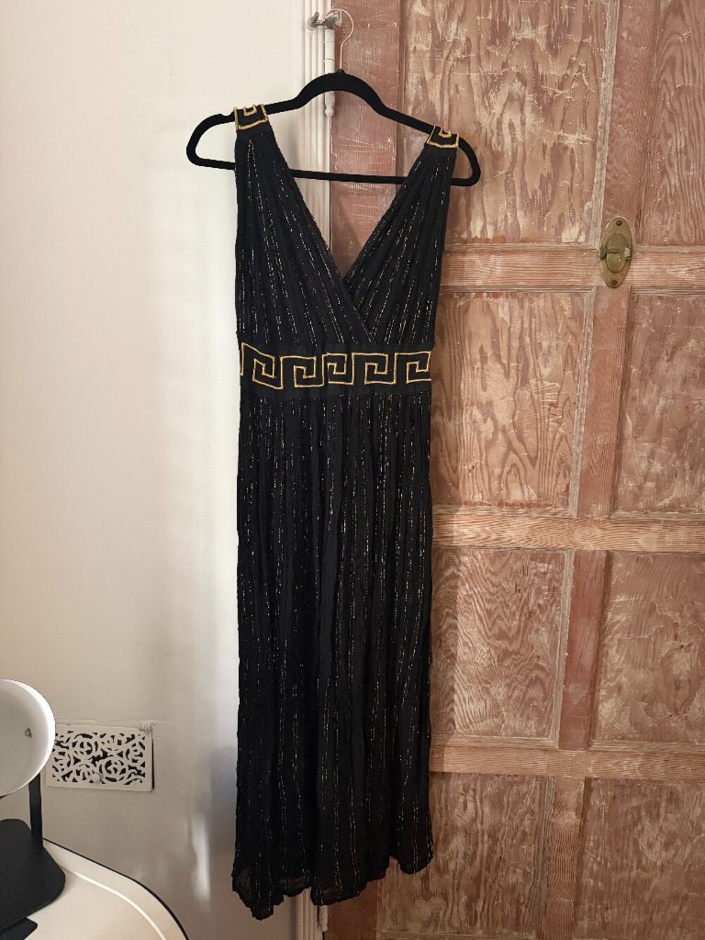 Rare Greek Cotton Gauze Gold Thread Greek Key Midi Dress One Size NWOT